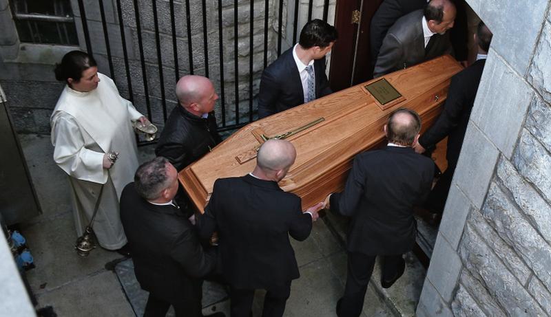 The remains of former Bishop of Galway, Most Rev Dr Eamonn Casey, being carried into the crypt at Galway Cathedral. Photo: Joe O'Shaughnessy.