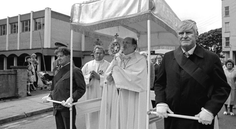 Different times: The then Bishop, Eamon Casey, with the monstrance, during the Corpus Christi Procession at Nuns Island, Galway, in June 1985.