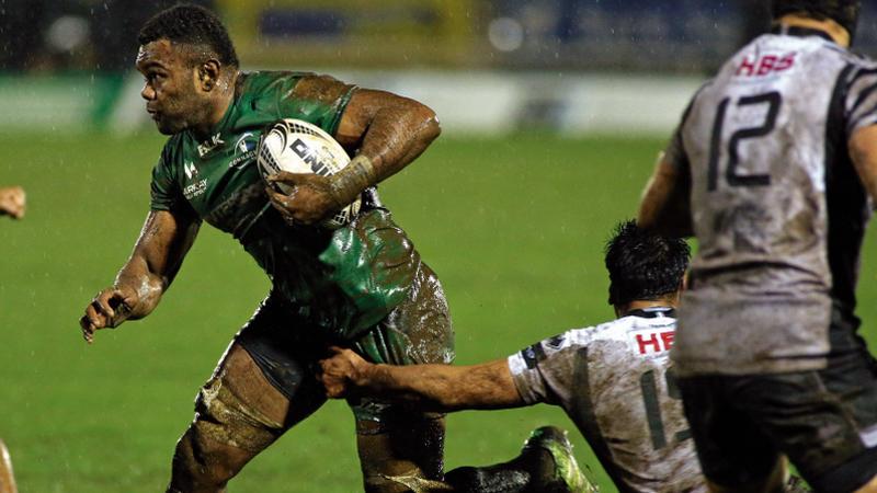 Connacht flanker Nulia Dawai on his way to scoring a first-half try in dreadful conditions against Zebre at the Sportsground on Friday night. Photo: Joe O'Shaughnessy.