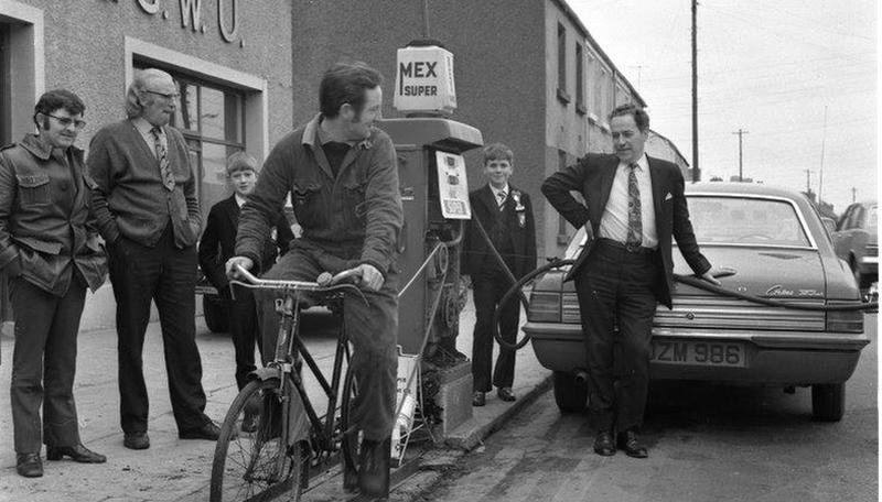The owners of Forde's Garage in Prospect Hill, Galway came up with a novel solution to power their petrol pumps during the ESB strike of April 1972 – an employee on a bicycle attached to the pump by a fan-belt type device pedalled furiously to generate the power to pump the fuel much to the satisfaction of customers.