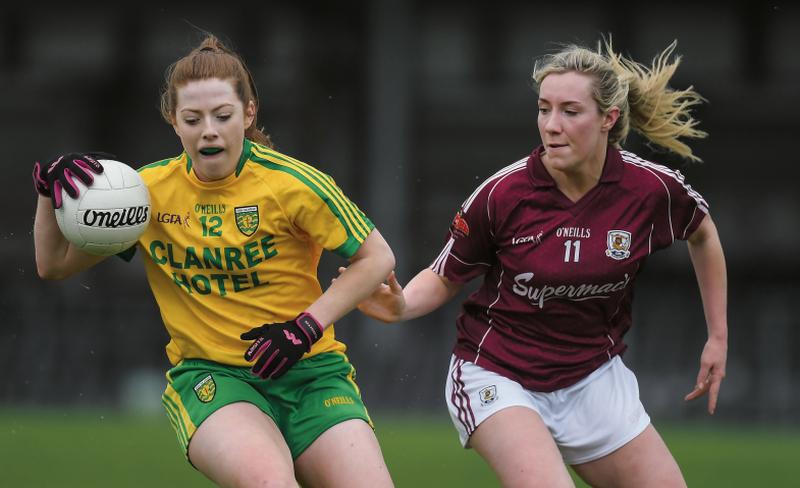 Donegal's Shannon McGruddy breaking away from Galway's Megan Glynn during Sunday's Ladies National Football League semi-final at Markievicz Park. Photos: Brendan Moran/Sportsfile