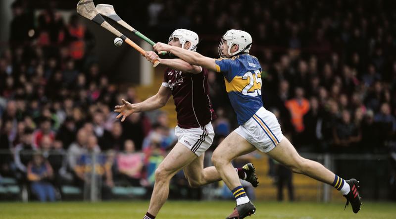 Galway centre back Gearóid McInerney battling for possession with Tipperary's Niall O'Meara during the National Hurling League Final at the Gaelic Grounds on Sunday. Photo: Diarmuid Greene/Sportsfile