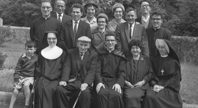 Reverend Peadar Moran, Monivea, with members of his family after his ordination at St Patrick’s College, Carlow, on Saturday, June 12, 1965. Fr Moran, the youngest of 14 children, was educated at St Joseph’s College, Galway, before going to Carlow. Front row, from left: Michael, Sister Gaudentia, Mr Moran, Rev Peadar Moran, Mrs Moran, Sister Maurice. Second row, from left: Fr Michael (Los Angeles), George, Deirdre, Joseph and Fr Frank (Los Angeles). Back row, from left: William, Eileen, May and Patrick.
