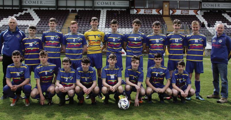 The West Coast United side that defeated Moyne Villa in the U-16 Cup Final in Eamonn Deacy Park on Sunday. Back row, from left: Finian Sheridan, Matthew Barry, Kevin Holmes, Darren Molloy, Patrick Nevin, Andrew Nee, Martin Petrov, Sean Black, Ruairi King, Luke Carty, and Stephen Coyne. Front: Dean Conroy, Sandy O’Callaghan, Noah Murray, Eoin Mahon, Lewis Dickinson, Cian Coyne, Dylan Holland, and Theo Joyce.