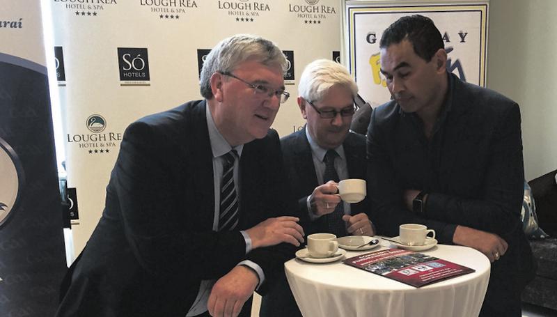 It's all in the tea leaves . . . Oranmore/Maree GAA Chairman Gerry Rabbitte (centre) and guest speakers Pat McDonagh of Supermac's and Connacht Head Coach Pat Lam discuss the development of the GAA club's 24-acre site in Rinville, details of which were announced at a fundraiser breakfast at the Lough Rea Hotel last week.