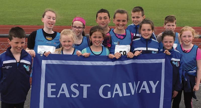 The East Galway AC squad which took aprt in the Connacht Championships in Sligo. Baxck row, from left: Amelia Doyle, Luisne Keane, Michael Burke, Darragh Diskin, and Kyle Delaney. Front: Enda Keane, Lucy Roberts, Laoise Burke, Saoirse Coleman, Melissa Diskin, Orla Healy, and Orna McNama. Missing from photo: Lucy Kenny.