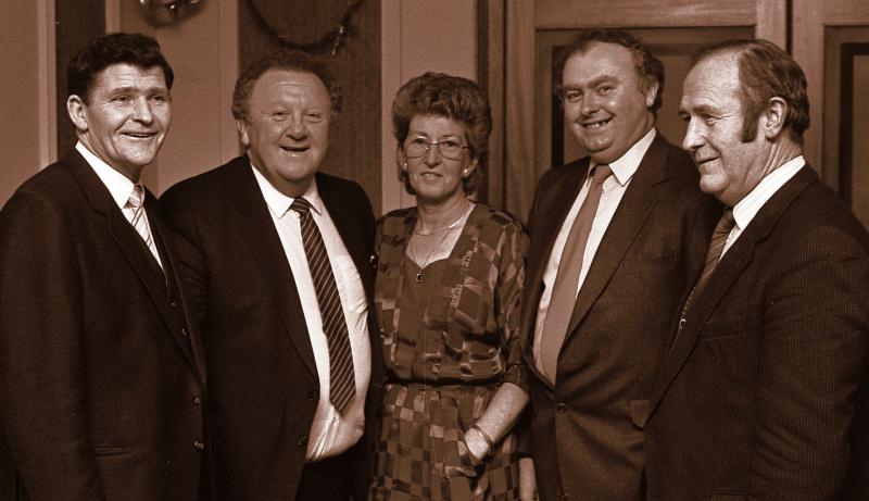 At the Calderwood/Derrydonnell Fianna Fáil dinner in December 1986 were (from left) Martin Conroy, Athenry, Senator Mark Killilea, Bridie Conroy, Councillor Michael Fahy and Councillor Peadar Ruane.