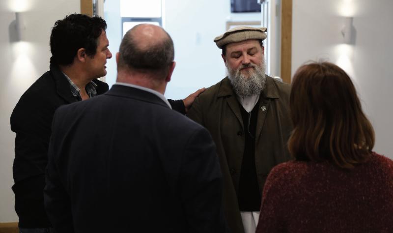 Imam Ibrahim Noonan meeting with Paul Freckling (left) and Natasha Muldoon of the ARD Resource Centre, and Senator Trevor Ó Clochartaigh, in the Maryam Mosque on the Old Monivea Road.