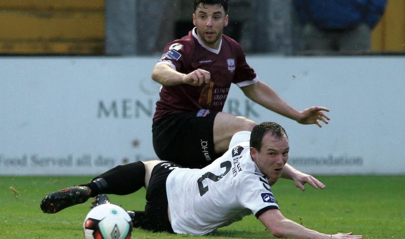 Galway United's Kevin Devaney and Derek Pender of Bohemians follow the flight of the ball during the clubs' Premier Division clash at Eamonn Deacy Park on Friday night. Photo: Joe O'Shaughnessy.