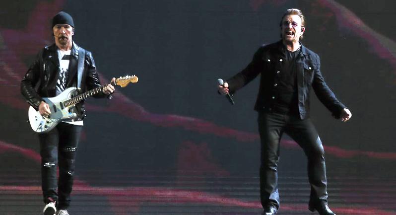 The Edge and Bono on stage in Croke Park on Saturday night.