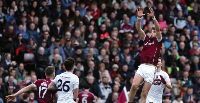 Galway's Paul Conroy going high against Kildare's Fionn Dowling in the National Football League.