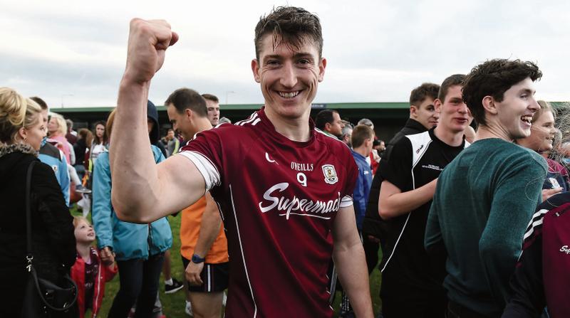 Galway's two-goal hero Johnny Heaney celebrates after their big All-Ireland qualifier win over Donegal at Markievicz Park on Saturday. Photo: Oliver McVeigh/Sportsfile.