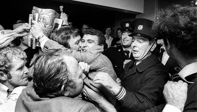 The way we were: Emotionally charged scenes for the return of Liam McCarthy, as Joe Connolly is mobbed by fans at the homecoming banquet for the Galway hurlers on the Monday night of September 8, 1980, at the Sacre Coeur Hotel, Salthill. Photo: Joe O'Shaughnessy.