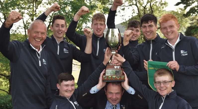 Martin Hynes (Captain, Athenry Golf Club) pictured with the Fred Daly Trophy after their All-Ireland victory at Bray Golf Club on Tuesday. Also included, back row, left to right: Pat Coen (Team Manager), Sean O'Connell, James O'Connor, Darren Leufer, Cillian Lawless and Allan Hill. In front are Mark Shivnan and David Kitt. Photo: Pat Cashman