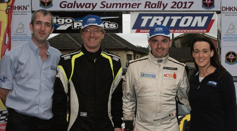 At the finish ramp of the Lady Gregory Hotel Galway Summer Rally, the penultimate round of the Triton Showers National Rally Championship, were left to right: Aidan Kelly, Championship Chairperson, Peadar Hurson (winning driver), Damien Connolly (winning co-driver) and Laura McMenamin, Championship Registrar. Photos: Martin Walsh.