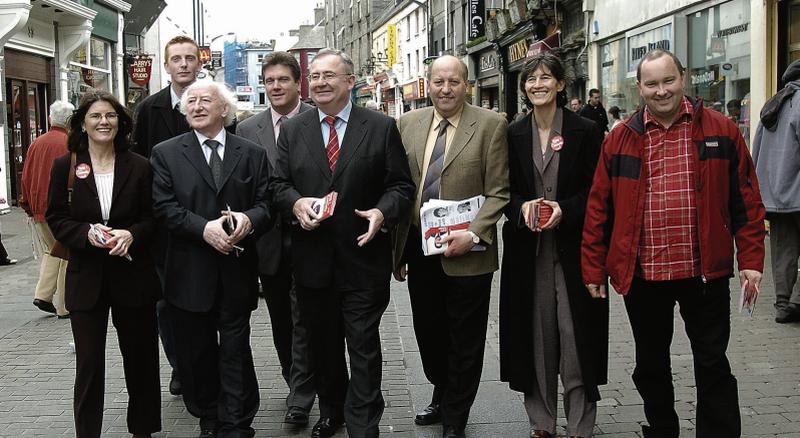 Happier times: Catherine Connolly, TD, (second right) on a walkabout in Shop Street in 2005 with Deputy Michael D.Higgins, then Labour Party Chairman, Leader Pat Rabbitte, and candidates Colette Connolly, Derek Nolan, Hughie Baxter, Cllr Tom Costello, and Trevor O Clochartaigh.