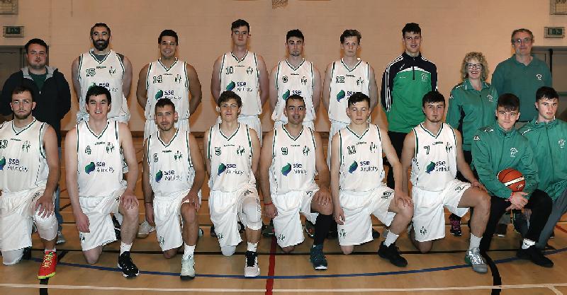 The Moycullen basketball squad which overcame Maree in Saturday's Super League derby at Calasanctius College, Oranmore. Moycullen. Back row, left to right: Gerald Lyons, assistant coach, Paul Freeman, Brandon McGuire, American player, Joseph Tummon, Sean Candon, Kyle Cunningham, Mark Convery, Sonya Curran, physio, and John Cunningham, coach. Front row: Dylan Cunningham, Cian Nihill, James Loughnane, Rory Gilson, Mindaugas Kurcenkovas, Connor Curran, Patrick Lyons, Paul Kelly and James Lyons.