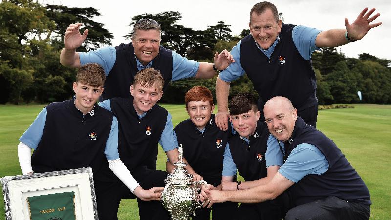 The Galway Golf Club team with the Senior Cup trohpy and pennant in Carton House last weekend. Front row, from left: Luke O'Neill, Liam Nolan, Ronan Mullarney, Liam Power and Joe Lyons. Back: Gerry Cox (assistant team captain) and Kieran O'Mahony (team captain). Photos: Pat Cashman.