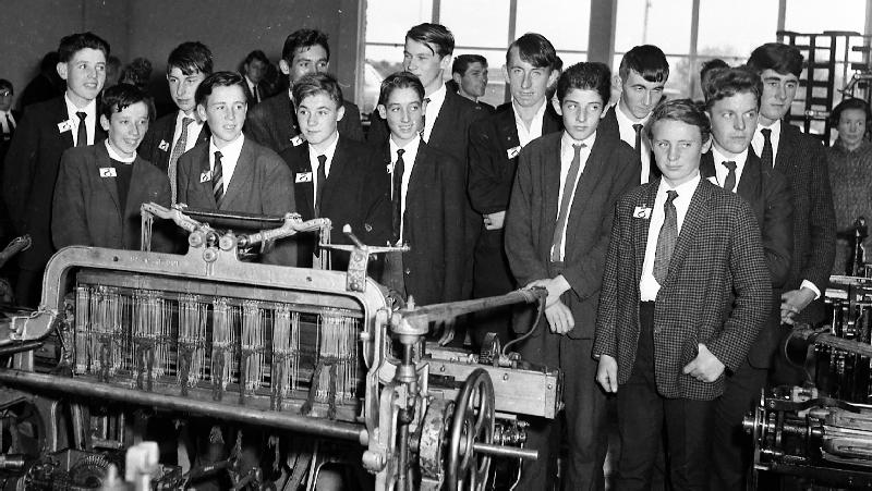 Local young men at the opening of the new £30,000 Gaeltarra Eireann Tweed Factory in Rosmuc in September 1967.