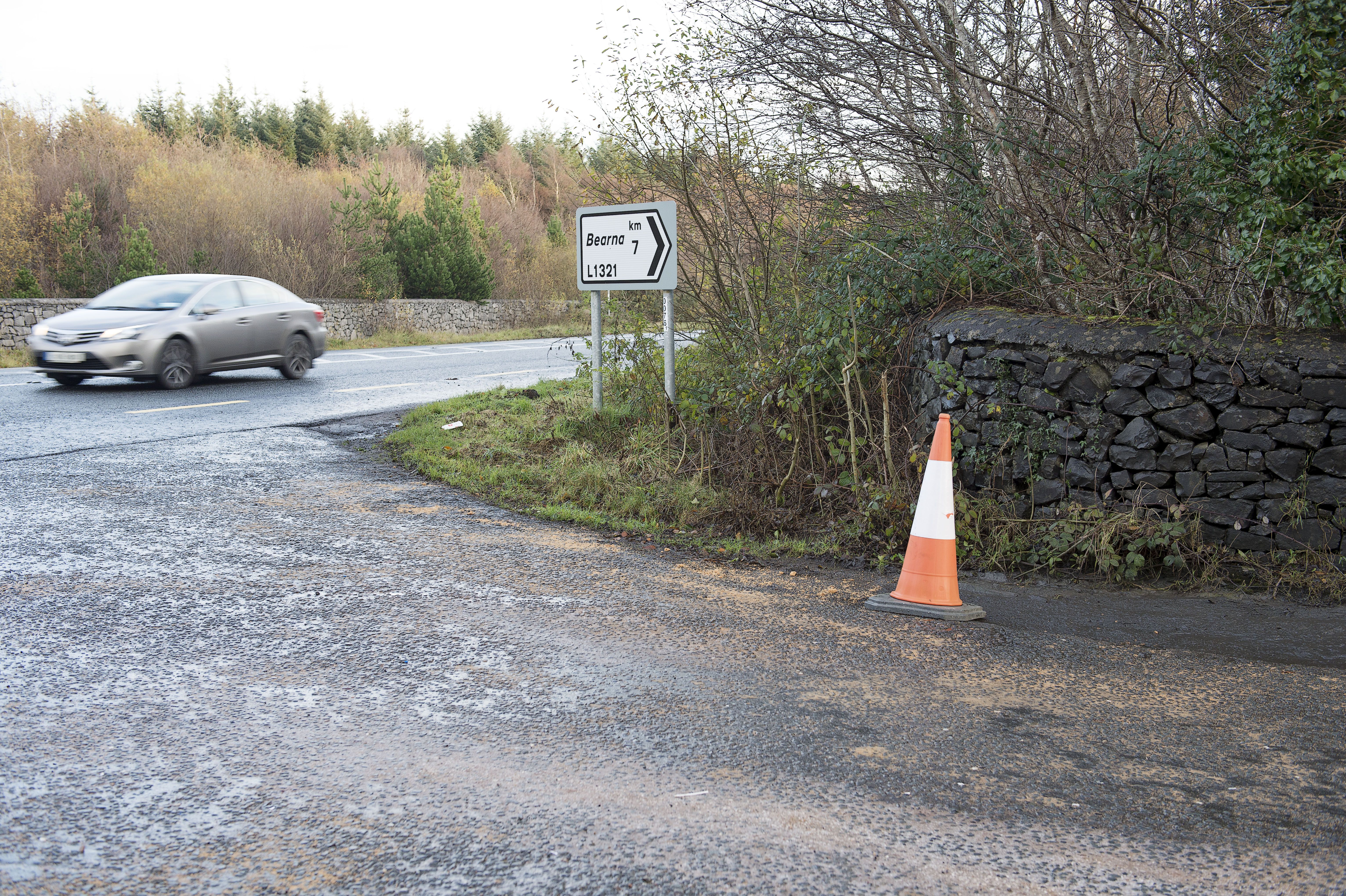 The spot at the junction of the Moycullen-Barna road where a young woman fell from a moving van and was killed in November of last year. Photo: Andrew Downes, xposure.