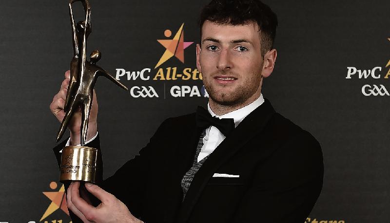 Galway hurler Padraic Mannion pictured with his All-Star award during the PwC All Stars banquet at the Convention Centre in Dublin on Friday night. Photo: Seb Daly/ Sportsfile.