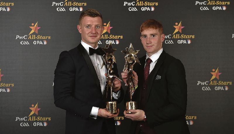 GALWAY DOUBLE: Hurler of the Year, Joe Canning, and Young Hurler of the Year, Conor Whelan, at the PwC All Stars banquet in the Convention Centre, Dublin on Friday night.