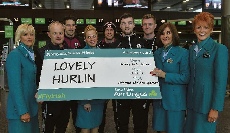 Galway hurlers with Aer Lingus cabin crew ahead of their flight to Boston for the AIG Fenway Classic over the weekend. Galway defeated Dublibn in the semi-final but lost to Clare in the final. Photo shows, left to right: Doreen Crotty, Monica Bermejo, Jackie Bailey and Olive Bohan of Aer Lingus with Galway manager Micheál Donoghue, Gearóid McInerney, Cyril Donnellan, Adrian Tuohy and Joe Canning. Photo: Ramsey Cardy/Sportsfile