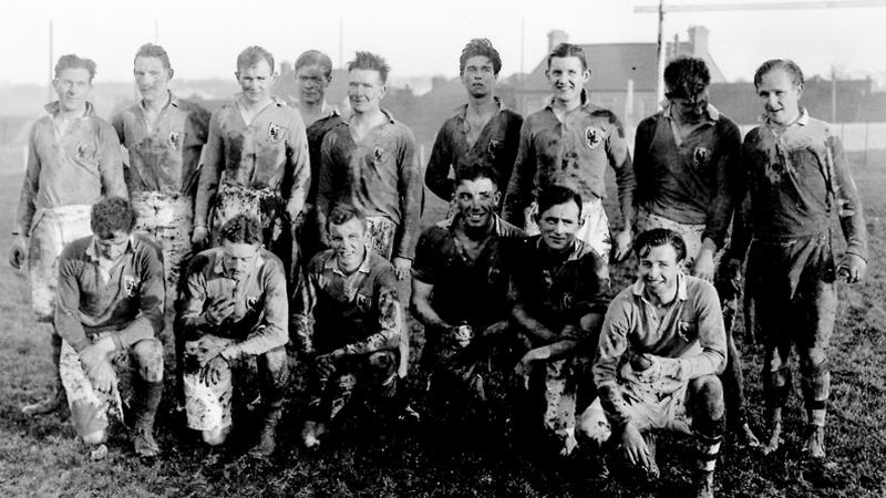 The Connacht rugby team after playing an inter-pro at a muddy Galway Sportsground in 1938.