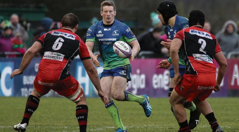 Connacht's Eoin Griffin and Ultan Dillane lead this charge against Curtis Browning and Quentin MacDonald of Oyonnax during Saturday's European Challenge Cup tie at the Sportsground. Photos: Joe O'Shaughnessy.