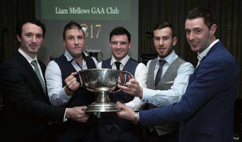 Players Aongus Callanan, Kenny Walsh, Conor Kavanagh, Tadhg Haran and David Fahy at the Liam Mellows GAA Club Victory Celebration and Awards Night in the Clayton Hotel. Photo: Joe O'Shaughnessy.