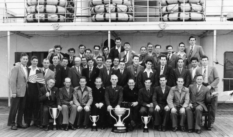 The Galway Senior Hurling team, plus County Board officials, before they set sail for New York to play the away final of the National Hurling League in the Polo Grounds, New York on September 30, 1951. Galway won the title in front of a crowd of 30,000 exiles with a 2-11 to 2-8 win over New York, having beaten Wexford 6-7 to 3-4 in the home final the previous April. It was only their second league title overall and their first since 1930-31.