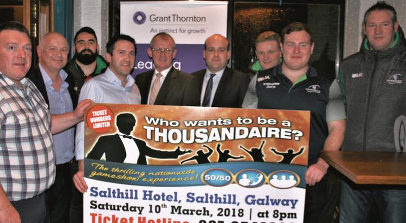 At the launch of the Galway Bay Rugby Club’s Thousandaire fundraiser in O’Reilly’s Bar, Salthill, were: Anthony O’Reilly, sponsor; Brian Harte, club chairperson; Peter McCabe, Connacht Rugby Club prop; Richard Hartmann, of Hartmann’s Jewellers; John Ryan, sponsor from the Ardilaun Hotel; Aengus Burns, sponsor from Grant Thornton; Steve Crosbie of Connacht rugby; Conor Carey, Connacht Rugby; and Jimmy Duffy, forwards coach with Connacht Rugby.