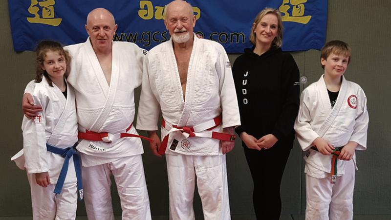 Galway's Chris Hickey (second from left), who was awarded a 6th Dan black belt in Judo last December, is pictured with his daughter Jessica, Fr.Jude McKenna (who paid a visit to Chris' Galway City School of Judo recently), his wife Louise and his son Conor.