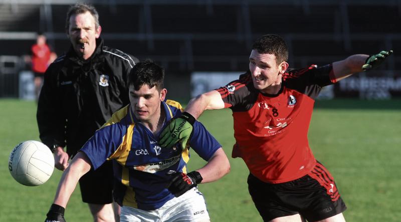 Glenamaddy-Glinsk’s Stephen Glynn and An Cheathru Rua's Coilin O Domhnaill battling for possession during Saturday's County U-21 B Football Final at Pearse Stadium. Photo: Enda Noone.