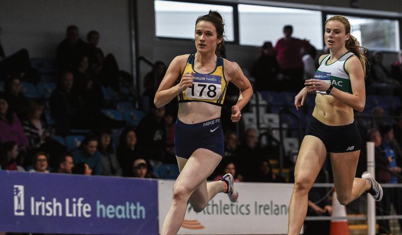 Galway's Alanna Lally on her way to winning the U23 800m from Jenna Bromell of Emerald AC, Limerick, at the Irish Life Health National Indoor Junior and U23 Championships in Athlone IT on Sunday. Photo: Sam Barnes/Sportsfile.