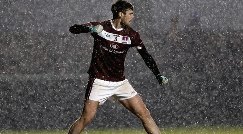 NUIG defender Sean Mulkerrin celebrates their Sigerson Cup semi-final victory over DIT in Mullingar on Wednesday night.