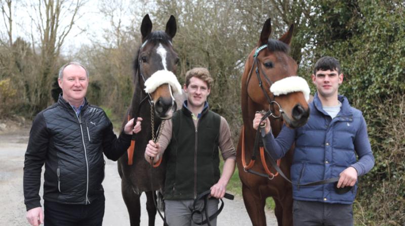 HOME ARE THE HEROES: Galway trainer Pat Kelly with Mall Dini (left) and Presenting Percy after their great exploits at the Cheltenham festival last week. Also included are amateur rider William McMahon, centre, and David Prendergast, farrier.