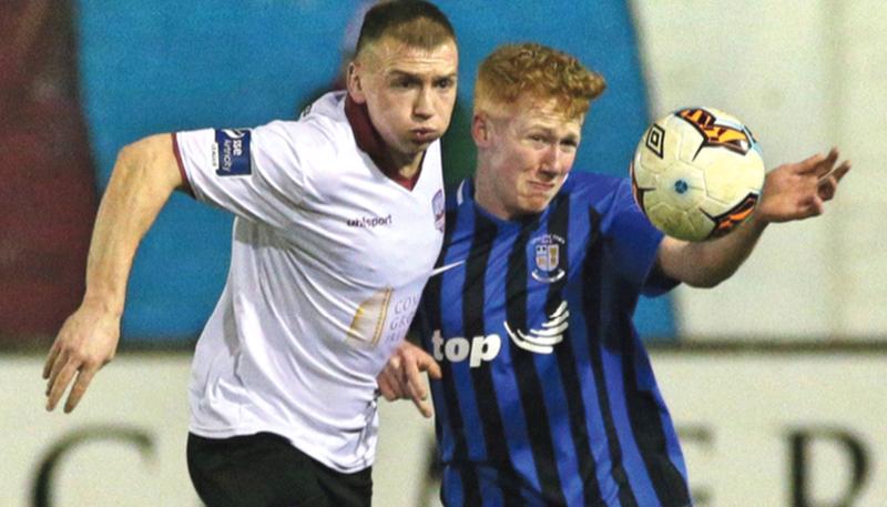 Galway United's Stephen Walsh tussling with Martin Walsh of Athlone Town in the club's opening First Division game of the season. United are away to UCD on Friday.