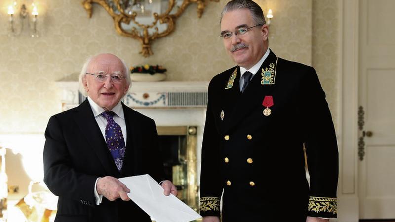 Presenting his credentials...Russian Ambassador Yuri Filatov, here at Áras an Uachtarain with President Michael D Higgins.