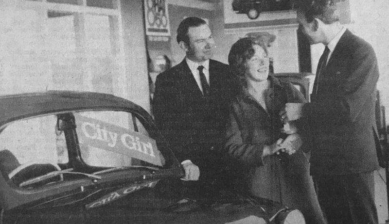 Winner of the City Girl Win-A-Car Competition, Miss Kathleen O'Reilly, Corrandrum, Cummer, being presented with the keys by Mr. P.J. Conlon, Managing Director, G.T.M. Traders Ltd and City Girl, Galway. Also in the picture is Mr. Sean Ashe, Sales Manager, Western Motors Ltd., Galway.