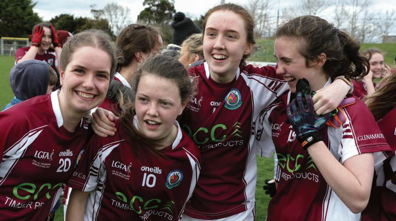 Glenamaddy players Kate McGann, Eva Noone, Aoife Smyth and Eimear Collins celebrate after their school defeated Presentation Thurles in the All Ireland Post Primary Schoosl Senior B Final at Duggan Park on Sunday. Photo: Joe O'Shaughnessy.