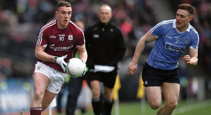Galway attacker Eamonn Brannigan takes on John Small of Dublin during the Allianz Football League Division 1 Final at Croke Park on Sunday. Photo: Stephen McCarthy/Sportsfile.