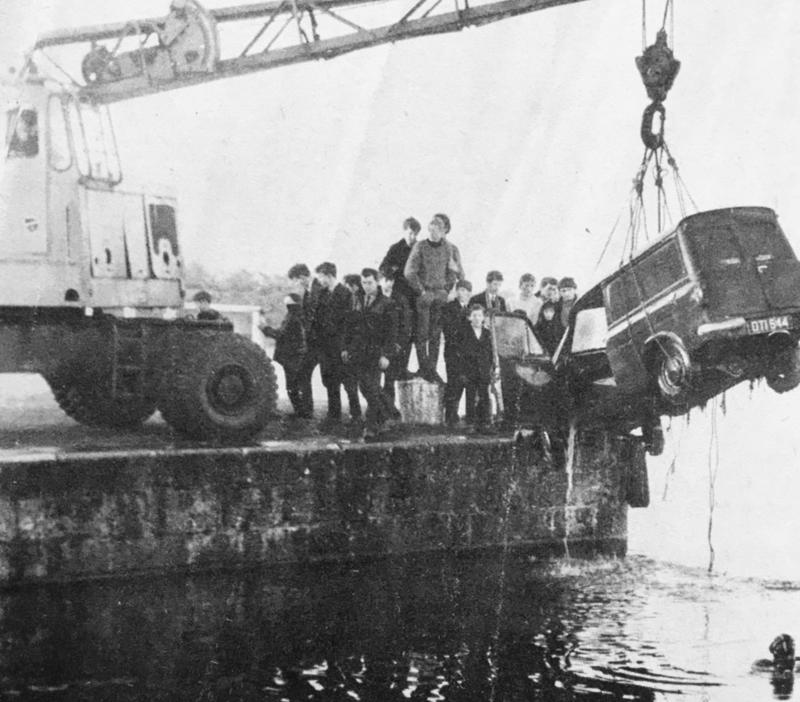 A stolen van being recovered from the River Corrib in January 1969. The van, owned by Mr. John Molloy, Mervue, was raised from the river bed under the directions of Mr. George Ryder, Greenfields, a member of the Galway Sub-Aqua Club.