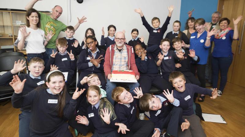 4th Class pupils from the Claddagh National School pictured with their teacher, Sean Leonard; Roddy Doyle, founder and Chairman of Fighting Words; and the volunteers of Fighting Words Galway at the Galway City Museum for the official launch of Fighting Words Galway. Photos: Andrew Downes, XPOSURE.