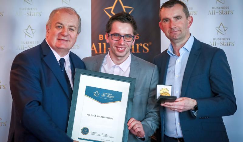 MC Gavin Duffy; Artur Leonowicz, Chief Technology Officer, EasyCount and Patrick McDermott, CEO EasyCount, pictured at the All-Star Accreditation Programme after the Fourth Annual All-Ireland Business Summit powered by Audi in Croke Park last month.
