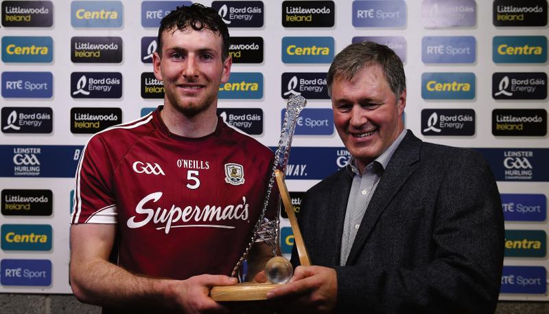 Galway defender Padraic Mannion is presented with the Bord Gáis Man of the Match award by Michael Lynch after their victory over Kilkenny in the Leinster championship at Pearse Stadium last Sunday.