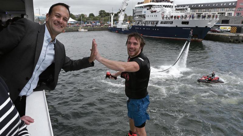 Walking on water...Taoiseach Leo Varadkar gives a high five from on board the Celtic Explorer to flyboarder Beau Weston during last year’s SeaFest.