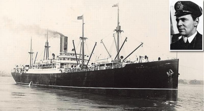 The SS Ausonia which was torpedoed by a German submarine more than 600 miles of the Cork coast: 44 of the crew, including Lawrence Curtis, died as a result. Above inset: Lawrence Curtis. PHOTO: COURTESY OF ANNA KESSLER.