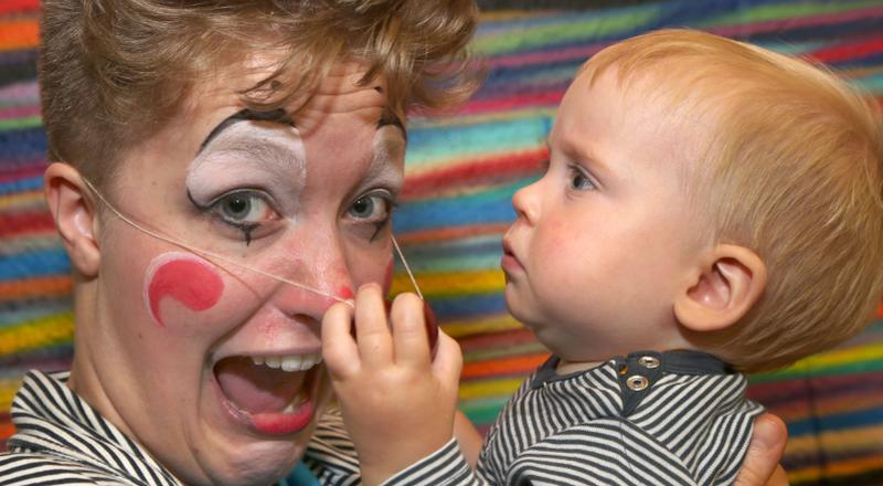 CLOWNING AROUND . . . Teacher Ellie Davis with Adam Bal_Phelan (9 months) at the launch of the Galway Community Circus Strategic Plan 2018-2020 at St Joseph's Community Centre in Shantalla. PHOTOS: JOE O'SHAUGHNESSY