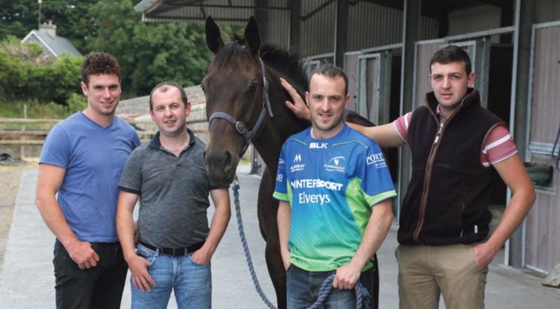 Members of the Monivea-based Lostwelton Syndicate, Darren Collins, Alan Burke, Diarmuid Gavin and Iarlaith Collins, with their moneyspinning mare, Youcantcallherthat. Photo: Joe O'Shaughnessy.